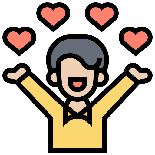 Illustration of a person smiling with arms raised, surrounded by four red hearts above their head.
