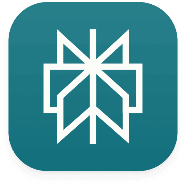 A white geometric leaf and cross design on a teal rounded square background.