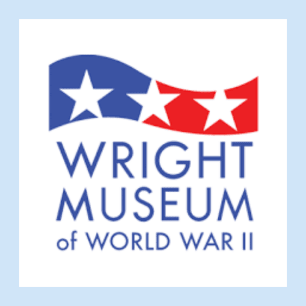 Logo for the Wright Museum of World War II featuring three stars on a red and blue waving banner above the museum name in blue text.